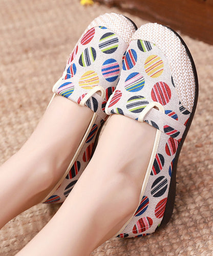 Unique Print Flat Shoes For Women Beige Linen Fabric