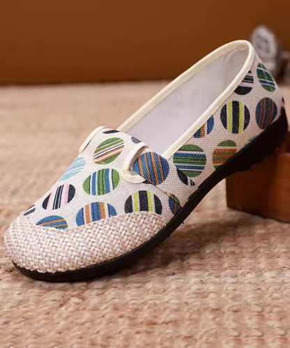 Unique Print Flat Shoes For Women Beige Linen Fabric