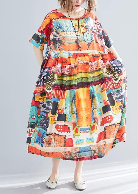 Unique Print O-Neck Cotton Loose Summer Mid Dress - SooLinen