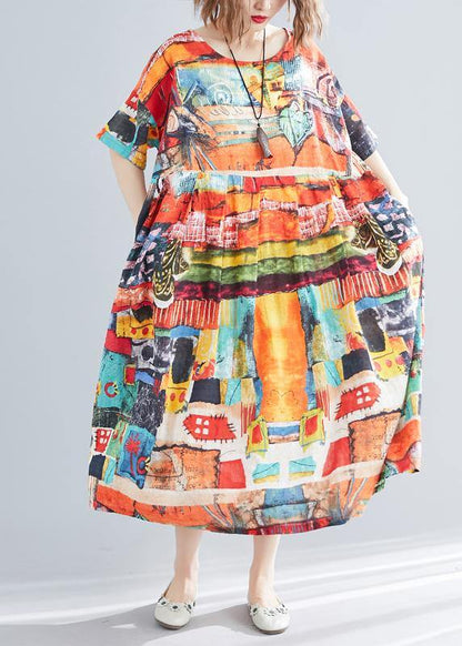 Unique Print O-Neck Cotton Loose Summer Mid Dress - SooLinen