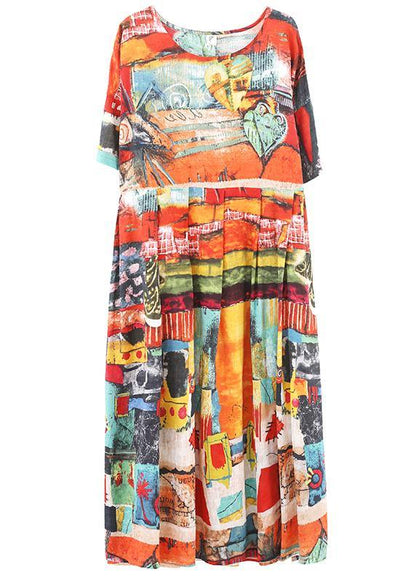 Unique Print O-Neck Cotton Loose Summer Mid Dress - SooLinen