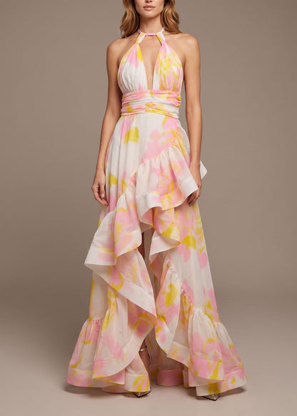 Unique Print Ruffled Asymmetrical Patchwork Chiffon Maxi Dress Sleeveless