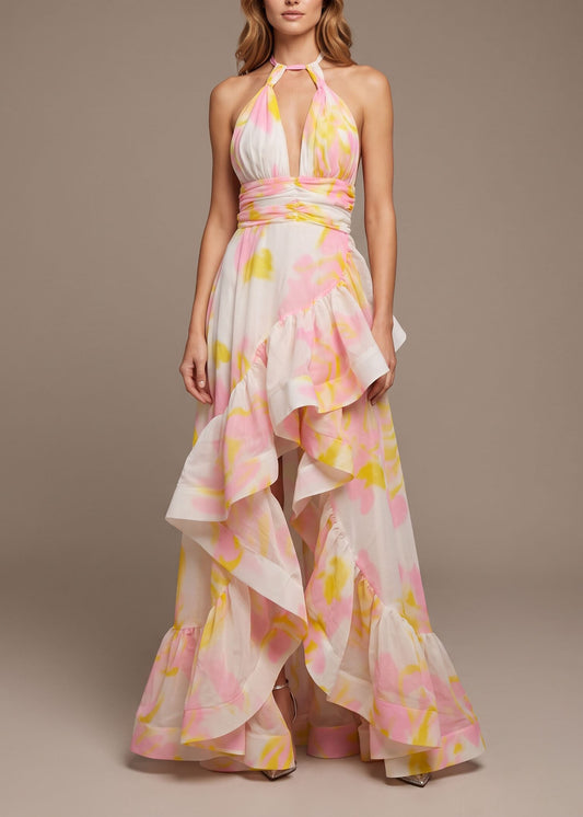 Unique Print Ruffled Asymmetrical Patchwork Chiffon Maxi Dress Sleeveless
