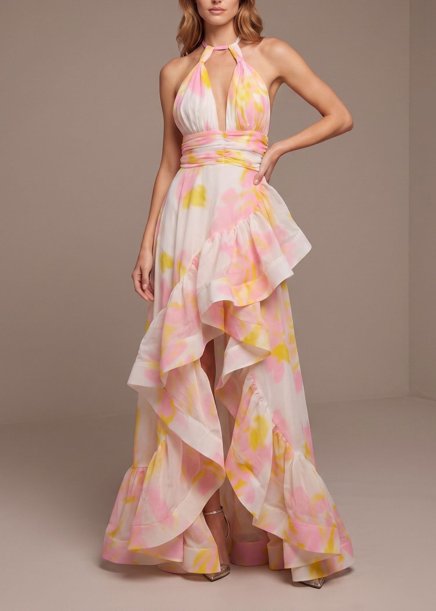 Unique Print Ruffled Asymmetrical Patchwork Chiffon Maxi Dress Sleeveless