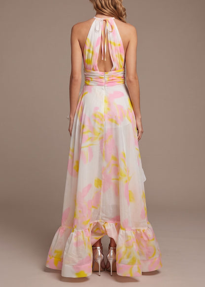 Unique Print Ruffled Asymmetrical Patchwork Chiffon Maxi Dress Sleeveless