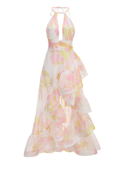 Unique Print Ruffled Asymmetrical Patchwork Chiffon Maxi Dress Sleeveless