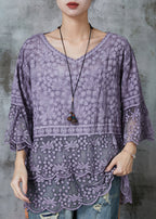 Unique Purple Embroidered Lace Tops Half Flare Sleeve