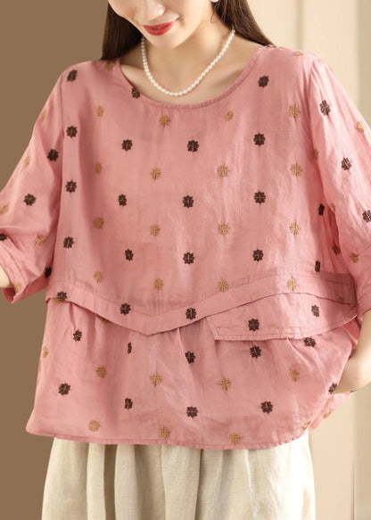 Unique Purple O Neck Embroidered Patchwork Linen Blouses Summer