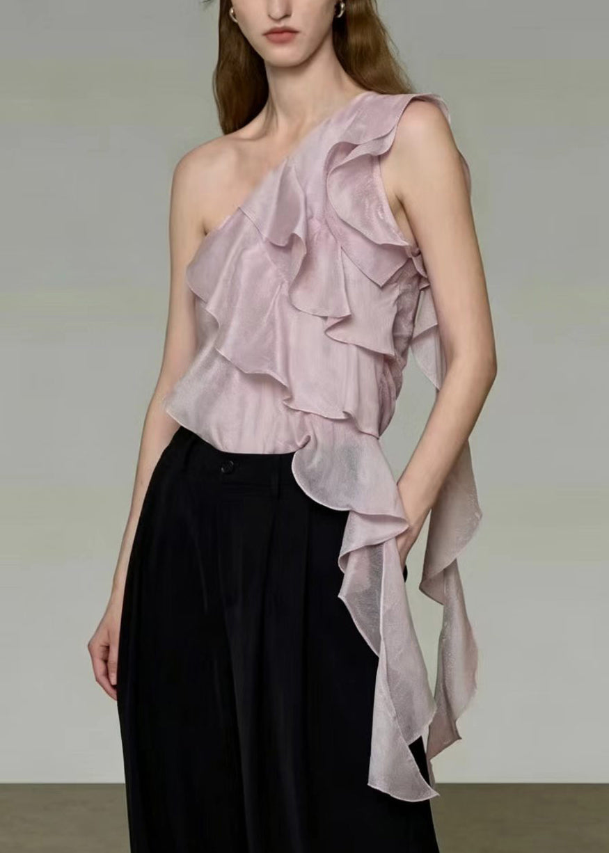 Unique Purple One Shoulder Ruffled Silk Beach Vest Summer