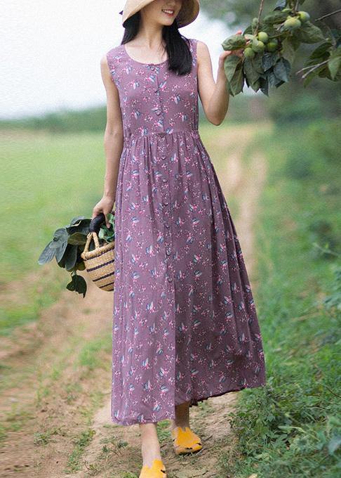 Unique Purple Print Dresses O-Neck Button Summer Sleeveless Dress - SooLinen
