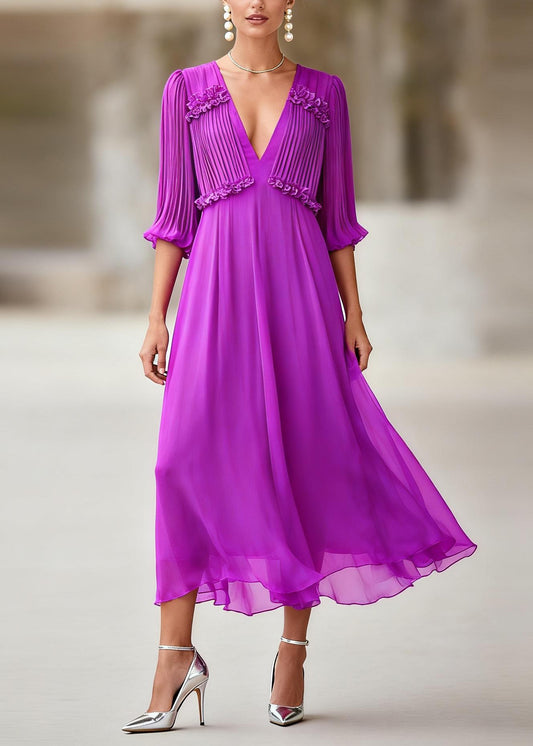 Unique Purple Ruffled Floral Chiffon Maxi Dresses Summer
