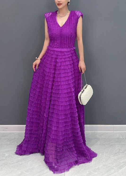Unique Purple V Neck Long Dresses Short Sleeve