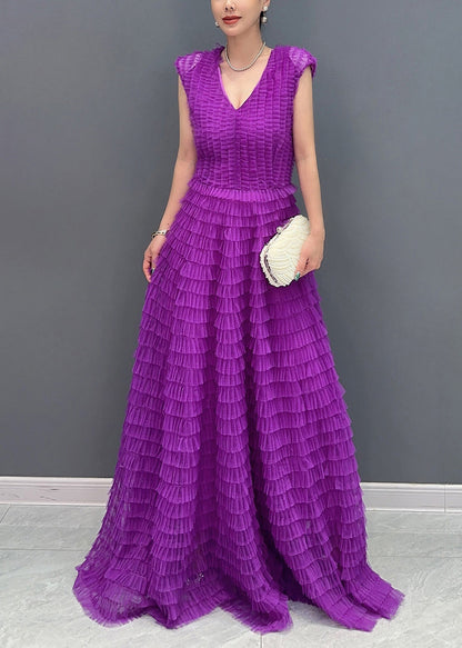 Unique Purple V Neck Long Dresses Short Sleeve