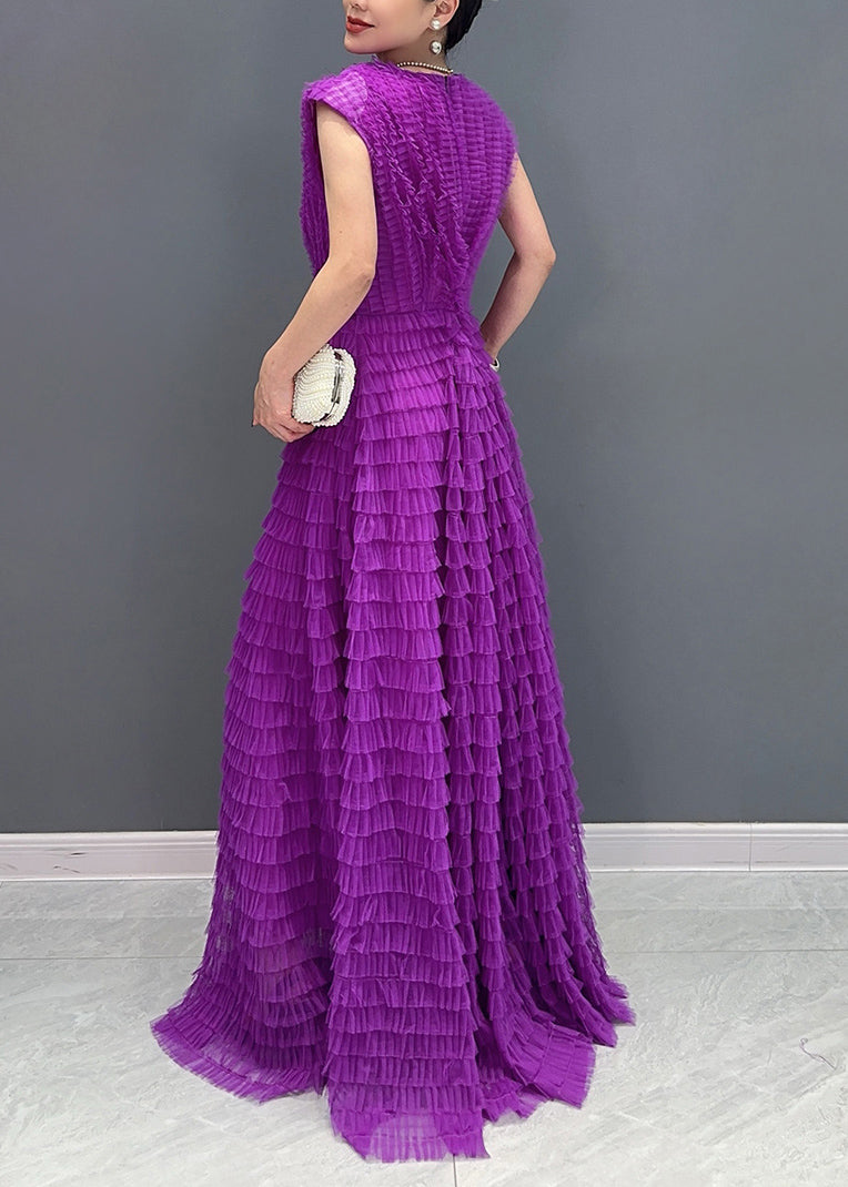 Unique Purple V Neck Long Dresses Short Sleeve