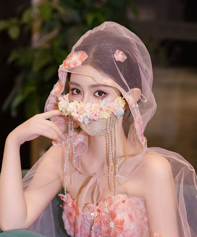 Unique Rainbow Tulle Zircon Floral Tassel Veil