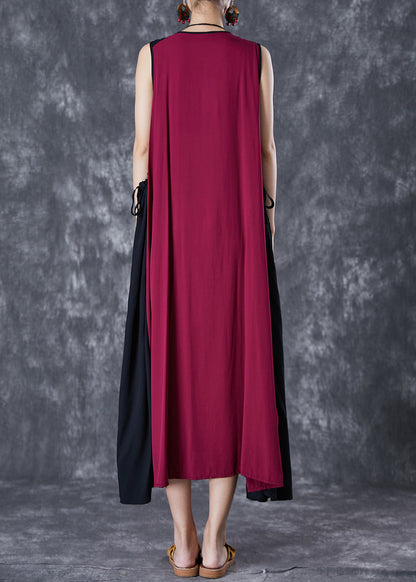 Unique Red Embroidered Patchwork Tasseled Linen Dress Sleeveless