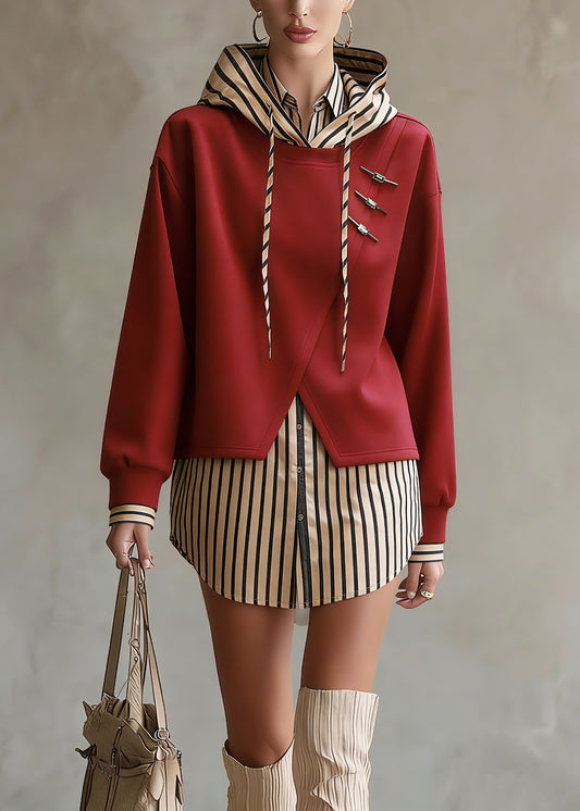 Unique Red Hooded Patchwork False Two Pieces Cotton Top Fall