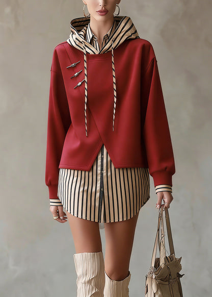 Unique Red Hooded Patchwork False Two Pieces Cotton Top Fall