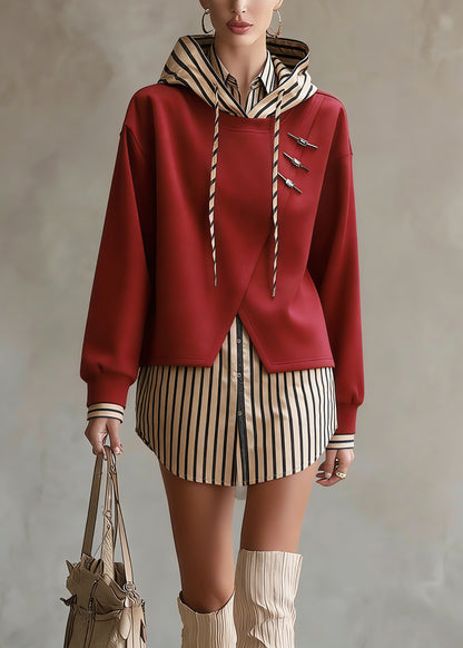 Unique Red Hooded Patchwork False Two Pieces Cotton Top Fall