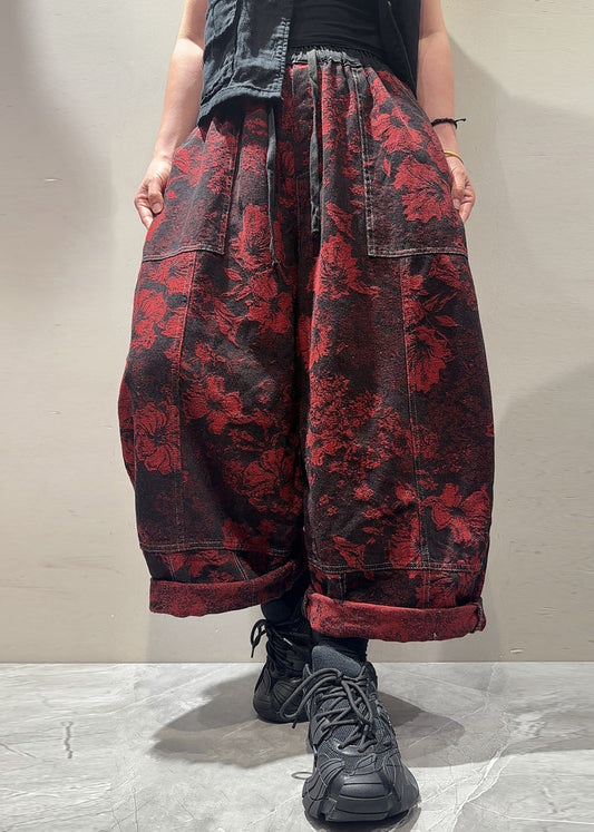 Unique Red Jacquard Pockets Patchwork Denim Harem Pants Fall