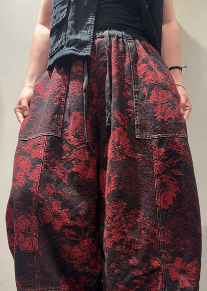 Unique Red Jacquard Pockets Patchwork Denim Harem Pants Fall