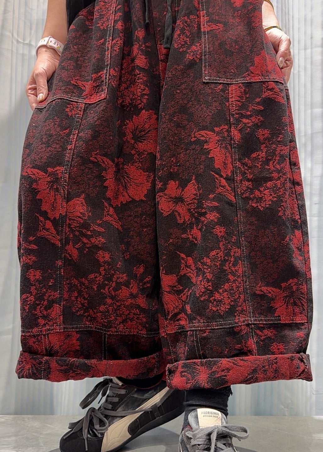 Unique Red Jacquard Pockets Patchwork Denim Harem Pants Fall