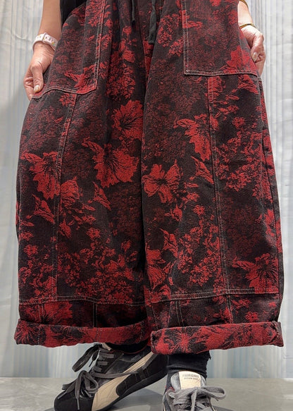 Unique Red Jacquard Pockets Patchwork Denim Harem Pants Fall