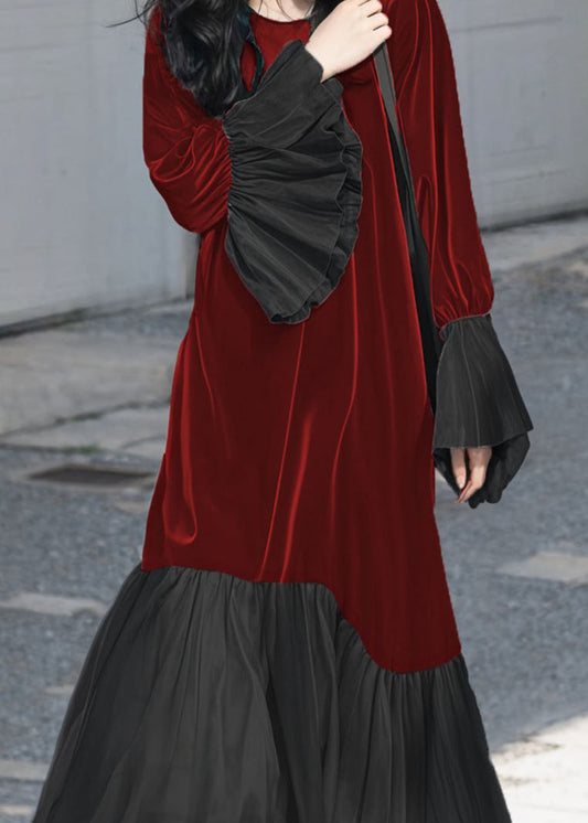 Unique Red O-Neck Patchwork Silk Velvet Long Dresses Fall