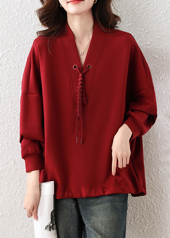 Unique Red Oversized Tasseled Cotton Pullover Sweatshirt Fall