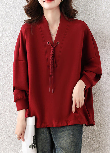 Unique Red Oversized Tasseled Cotton Pullover Sweatshirt Fall