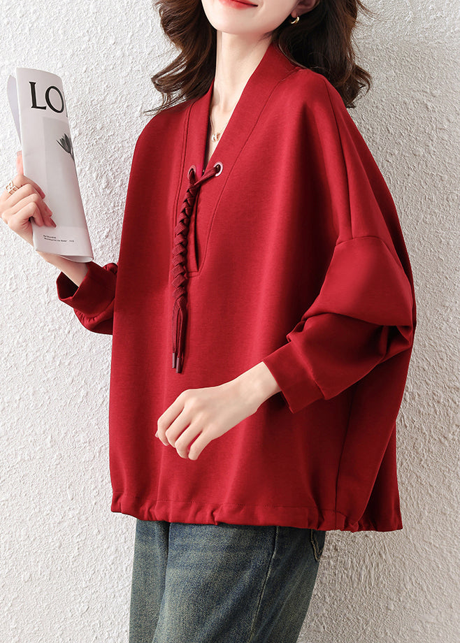 Unique Red Oversized Tasseled Cotton Pullover Sweatshirt Fall