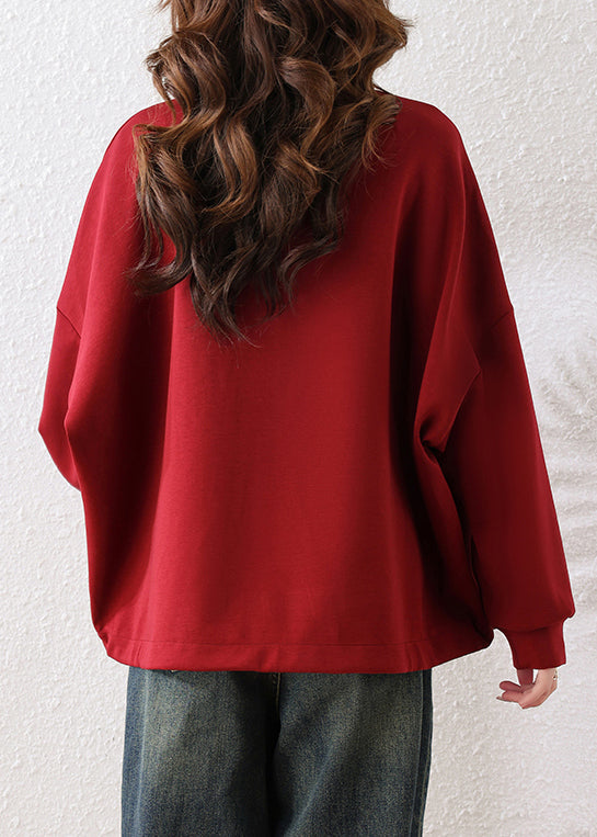 Unique Red Oversized Tasseled Cotton Pullover Sweatshirt Fall