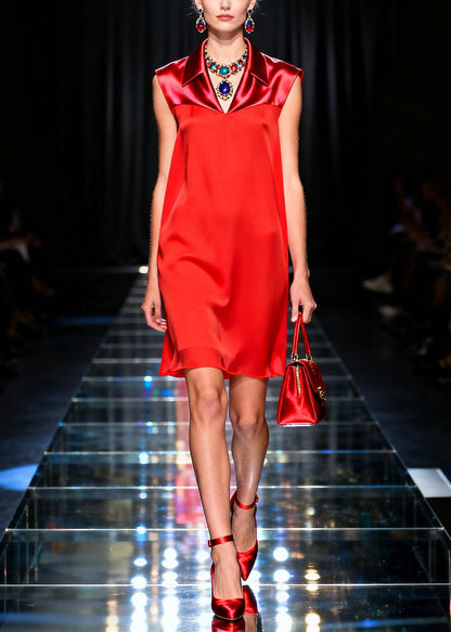 Unique Red Peter Pan Collar Patchwork Chiffon Straight Dresses Sleeveless
