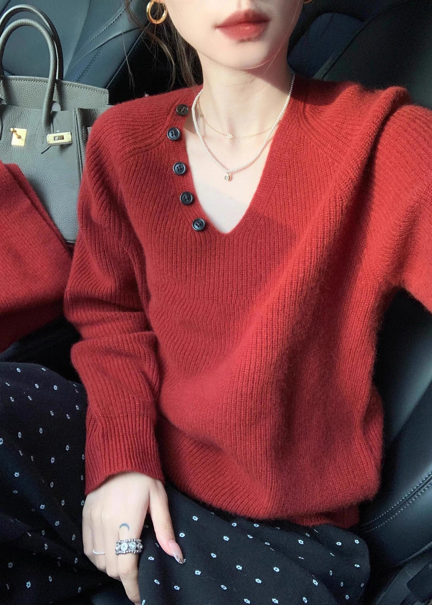 Unique Red V Neck Button Knitted Sweaters Tops Spring
