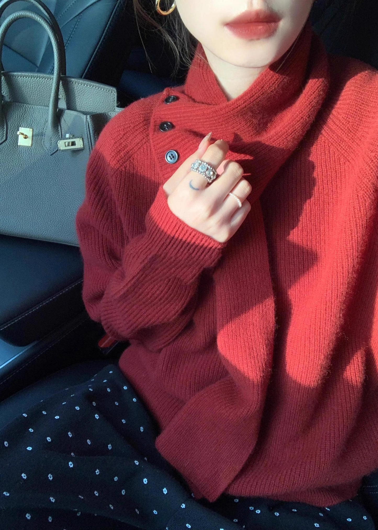 Unique Red V Neck Button Knitted Sweaters Tops Spring