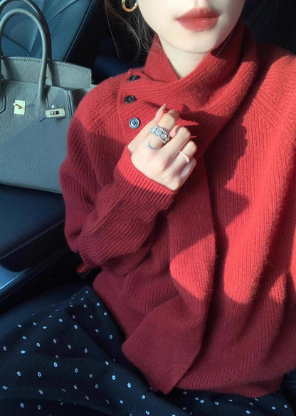 Unique Red V Neck Button Knitted Sweaters Tops Spring