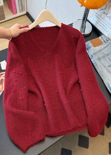 Unique Red V Neck Nail Bead Knit Sweater Winter