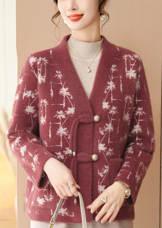 Unique Red V Neck Print Pockets Mink Hair Knitted Coat Fall