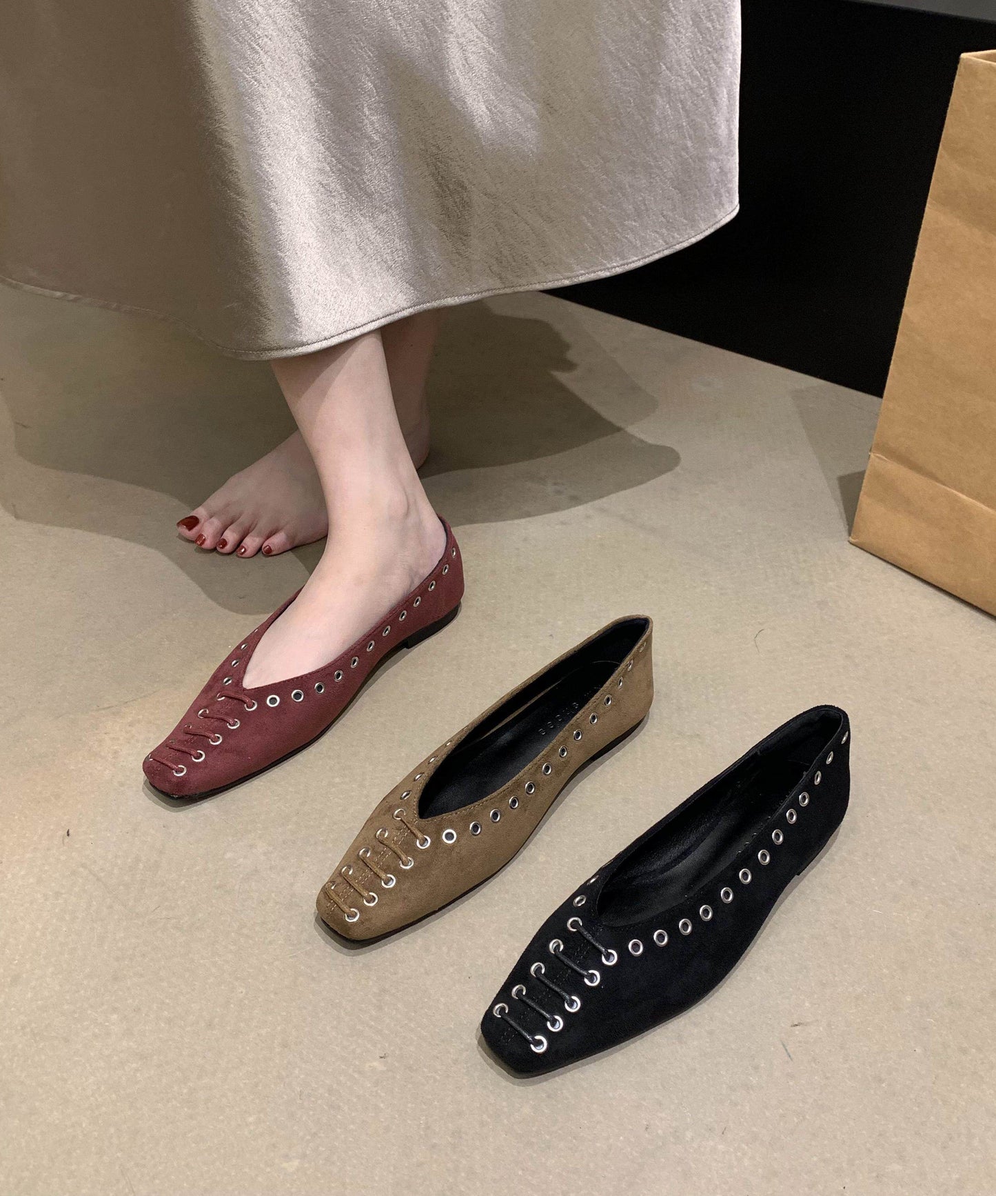 Unique Rivet Flat Shoes For Women Green Faux Leather