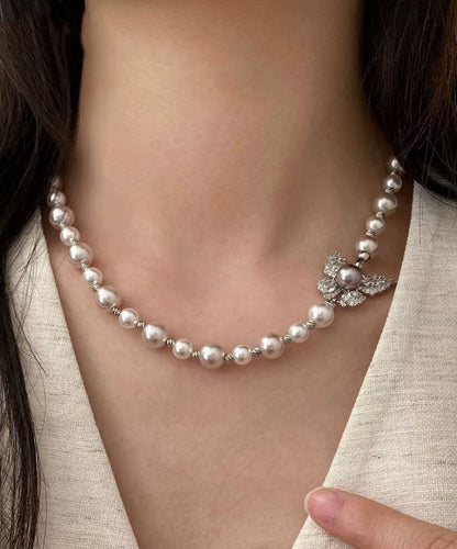Unique Rose Butterfly Pearl Silver Choker