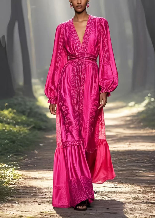 Unique Rose Cinched Jacquard Silk Long Dresses Spring