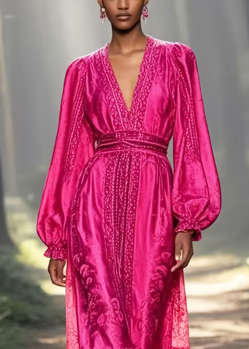 Unique Rose Cinched Jacquard Silk Long Dresses Spring