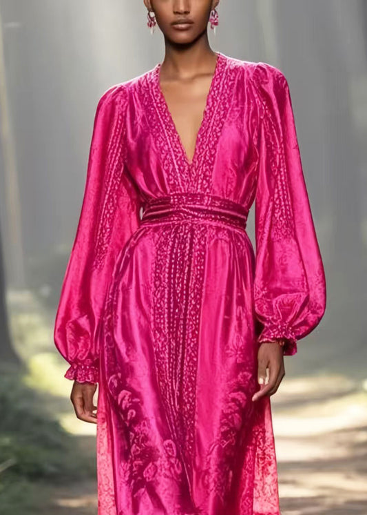 Unique Rose Cinched Jacquard Silk Long Dresses Spring