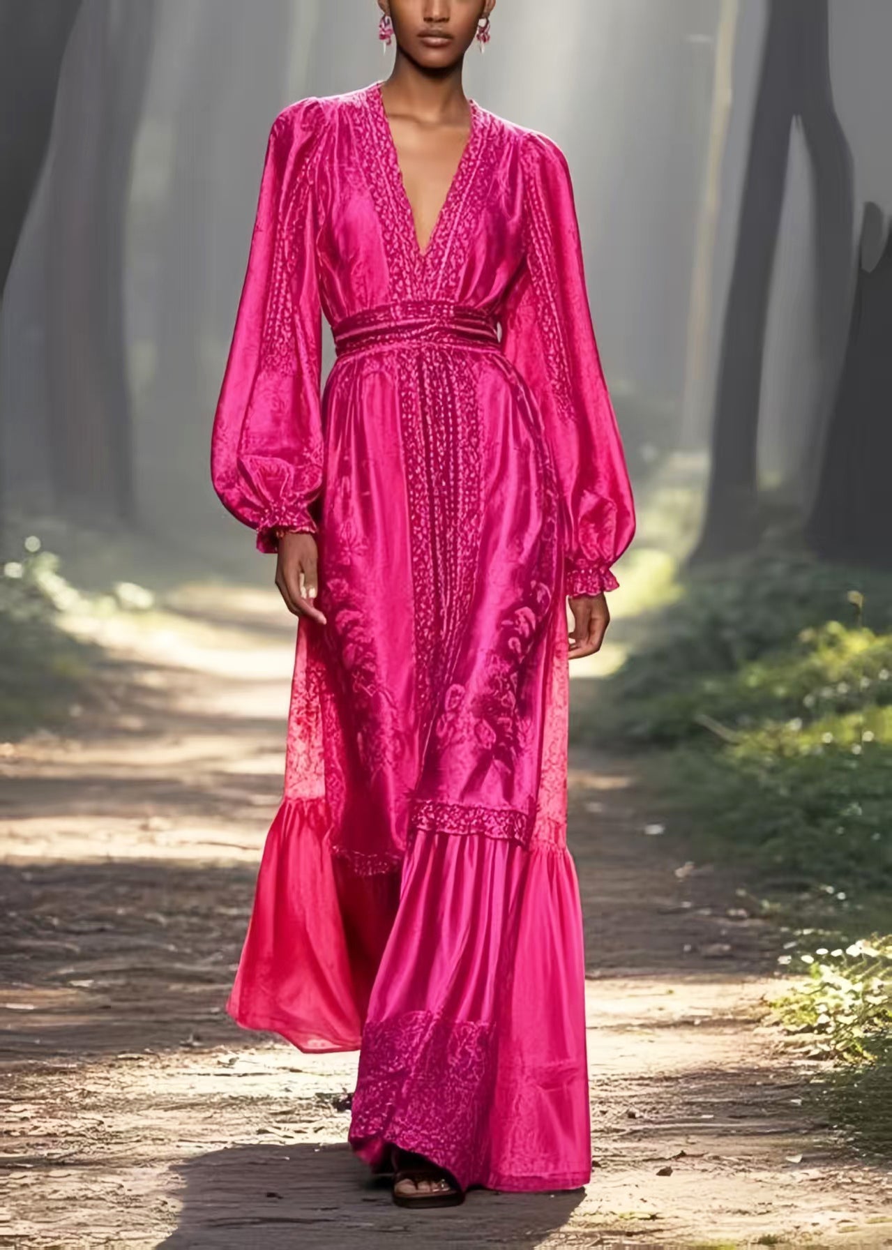 Unique Rose Cinched Jacquard Silk Long Dresses Spring