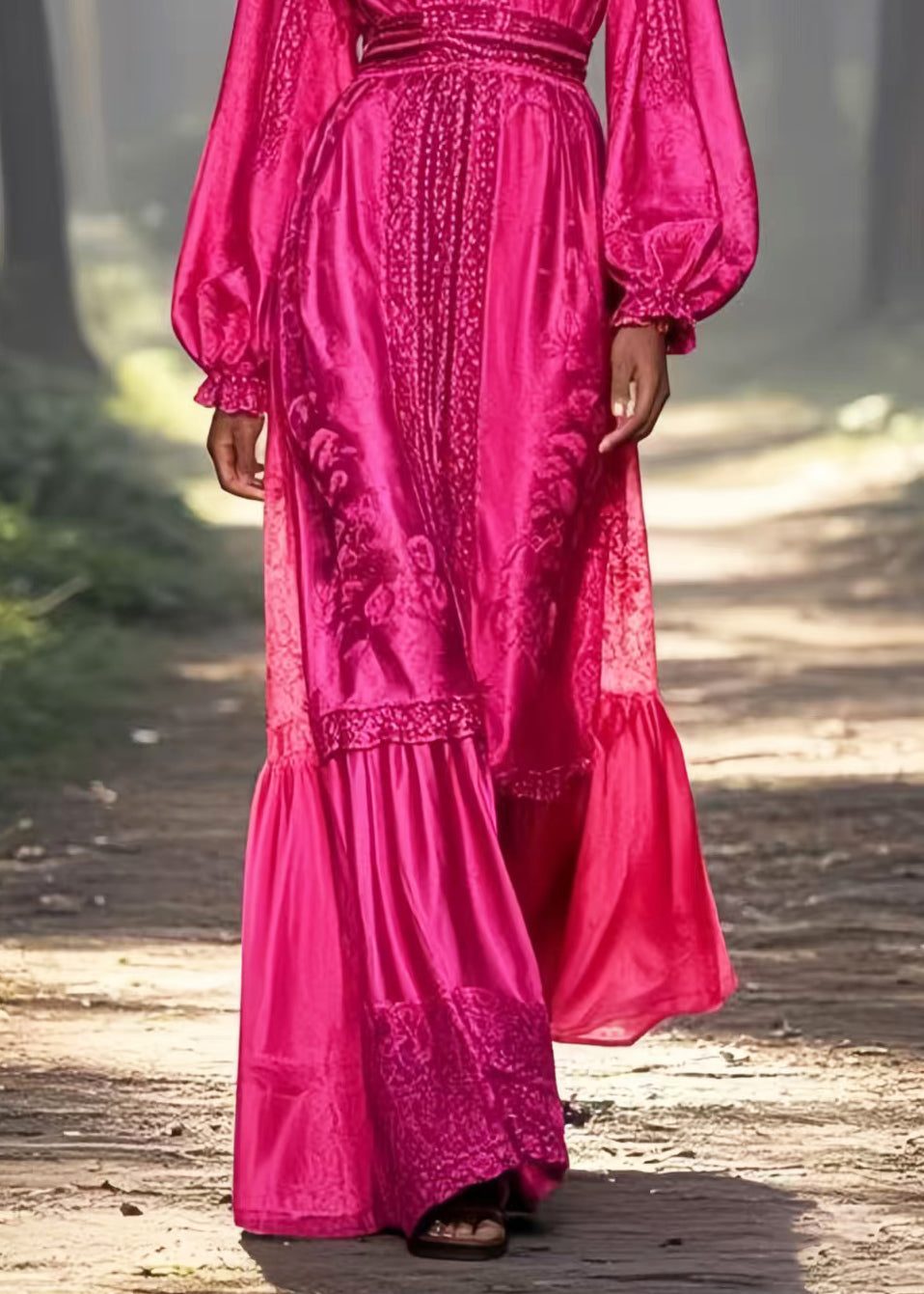 Unique Rose Cinched Jacquard Silk Long Dresses Spring