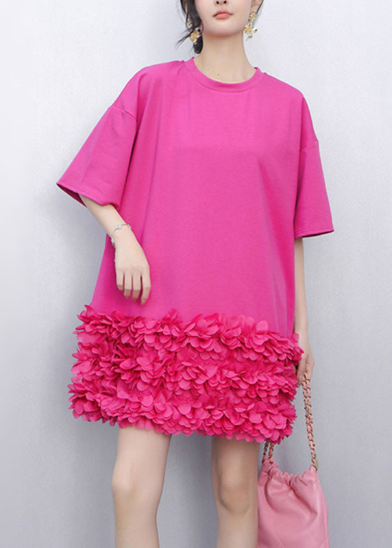 Unique Rose O-Neck Tulle Patchwork Mid Dress Short Sleeve