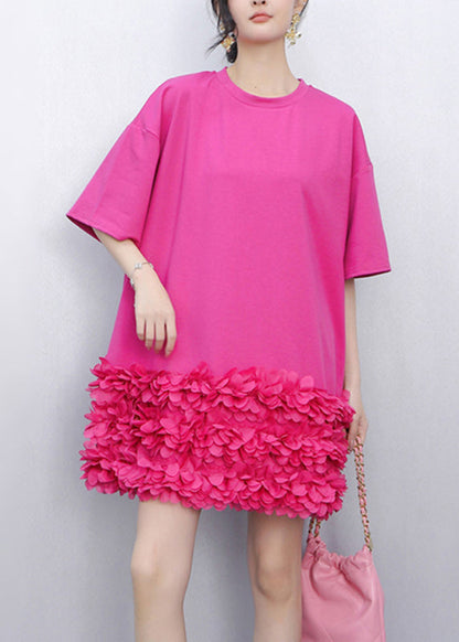 Unique Rose O-Neck Tulle Patchwork Mid Dress Short Sleeve
