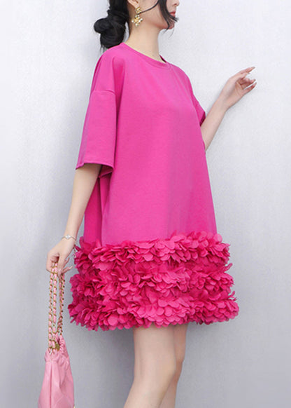 Unique Rose O-Neck Tulle Patchwork Mid Dress Short Sleeve