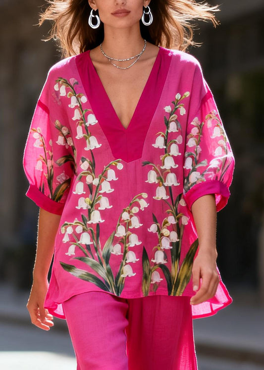Unique Rose Print Cotton Tops And Bell-bottom Trousers Women Sets 2 Pieces Summer