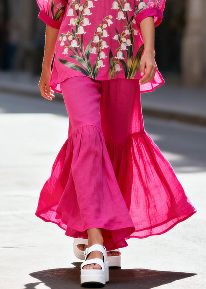 Unique Rose Print Cotton Tops And Bell-bottom Trousers Women Sets 2 Pieces Summer